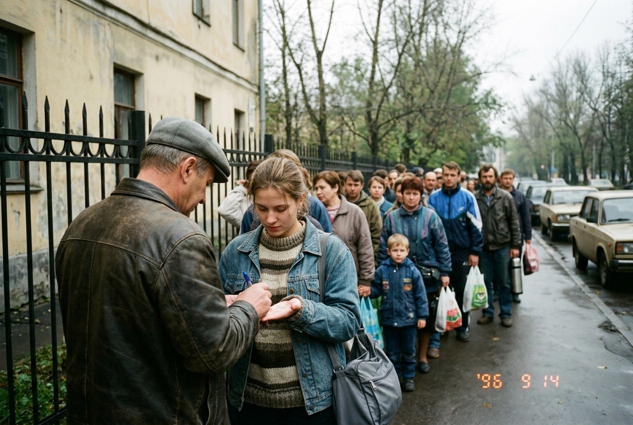 Нина Кравец. «Перекличка у консульства. Семь утра». 1996. Фотография. Москва, Музей печати.