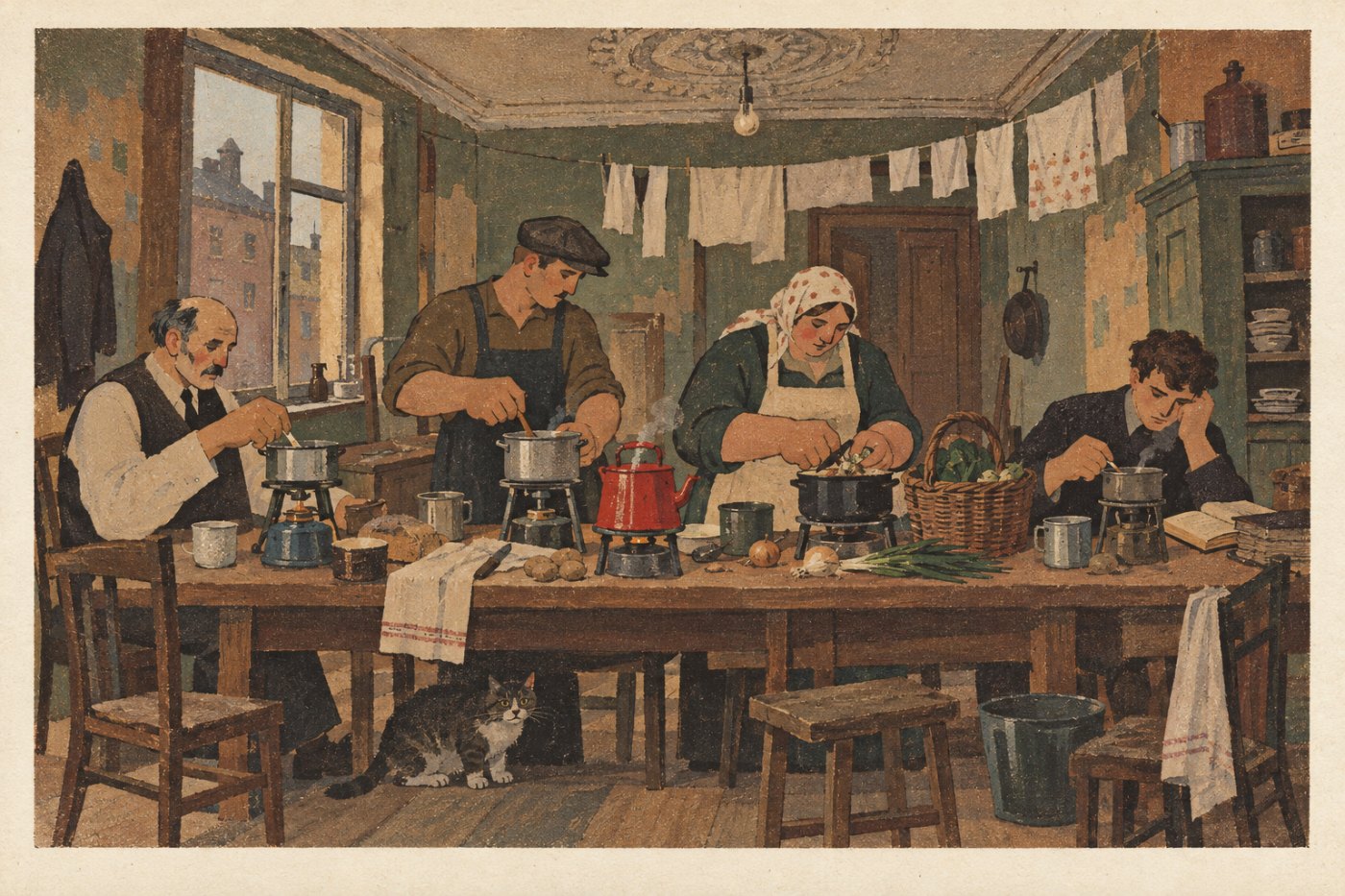 Вера Колчина. «Общая кухня». 1926. Картон, гуашь. Петроград, собрание артели «Четыре угла».