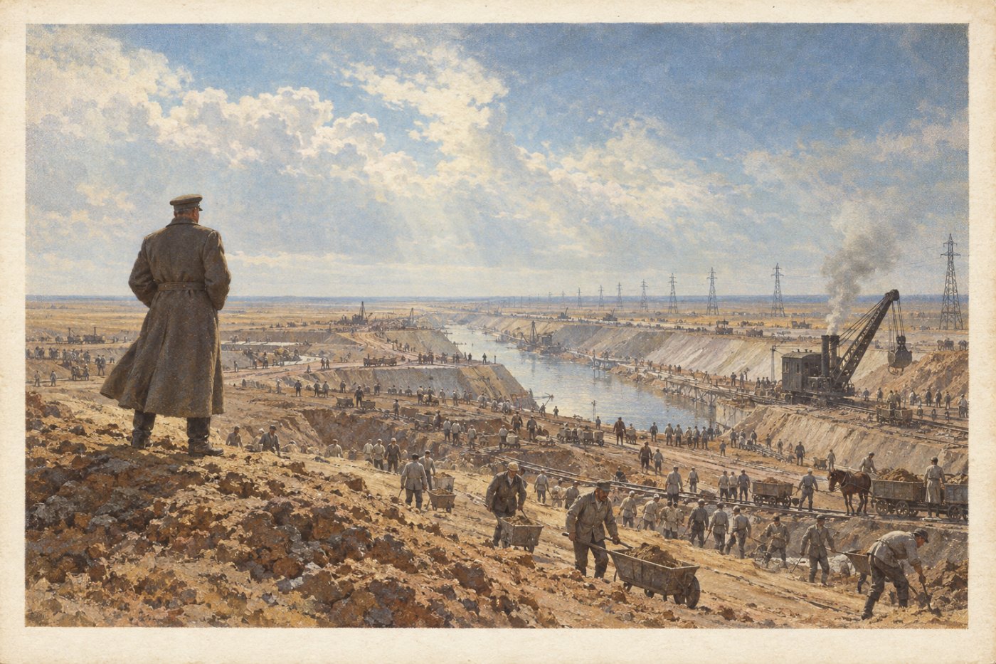 Игнатий Сухоруков. «Заволжский канал. Третья трудовая армия». 1937. Холст, масло. Написано по заказу Министерства общественных работ.